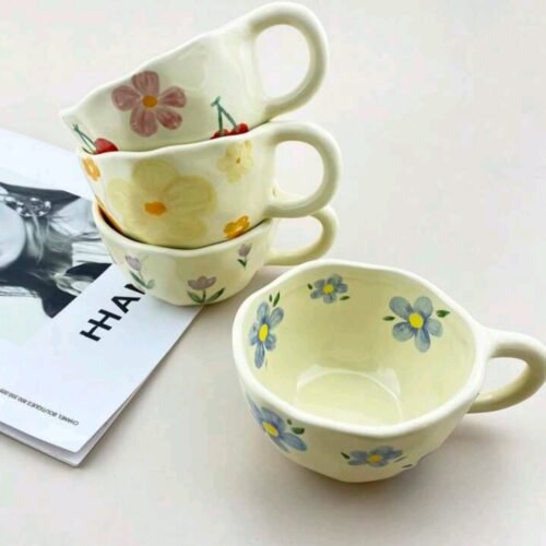 SweetPetals – Yellow Hand-Painted Floral Mug Yellow ceramic mug with hand-painted floral design, artistic flower patterns, dishwasher and microwave safe