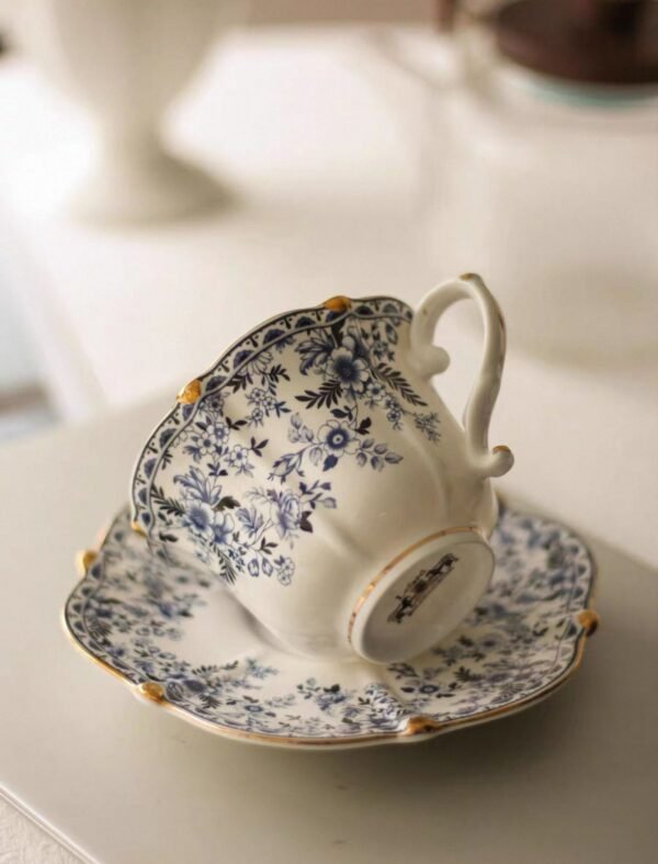White ceramic cup and saucer with blue floral prints and subtle gold accents, dishwasher & microwave safe, inspired by antique royal tea cups