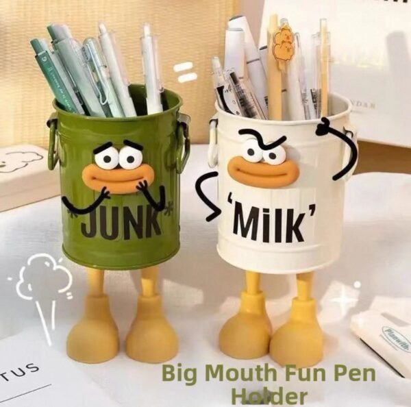 Green novelty mug with round shape, used as pen holder or planter, ideal for desk organization or decorative display