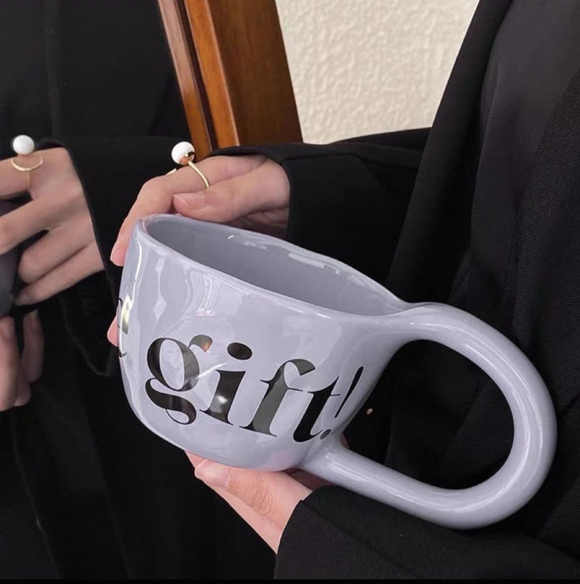 Large purple ceramic mug with stretched handle and engraved text “Feel Like Gift,” dishwasher and microwave safe