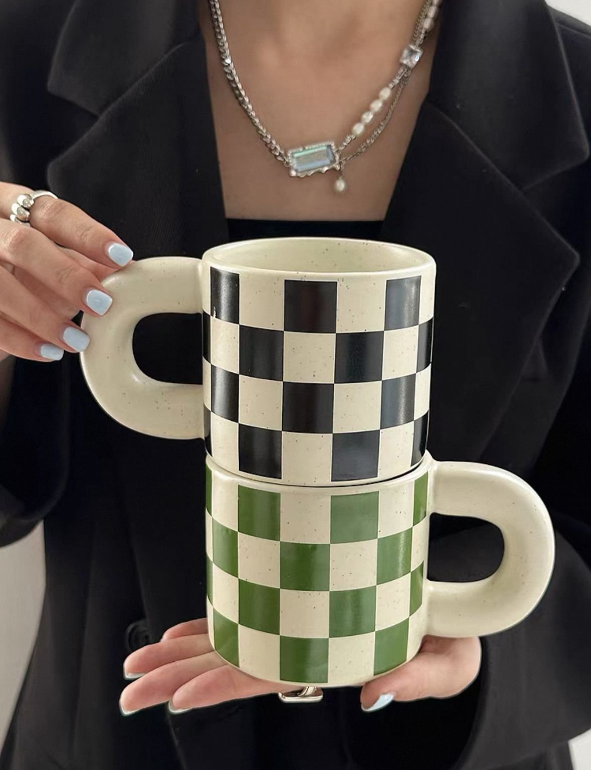 Ceramic checkered mug with rounded handle, 300ml capacity, chessboard-inspired design, dishwasher and microwave safe